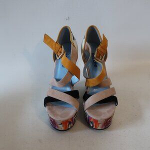 Womens Pollini Studio Beige/Multi Color Suede High Wedge Floral Sandals 38/8